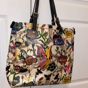 Sakroots Coated Canvas Peace/Bird Multicolored Floral Print Tote Bag, Sz M,